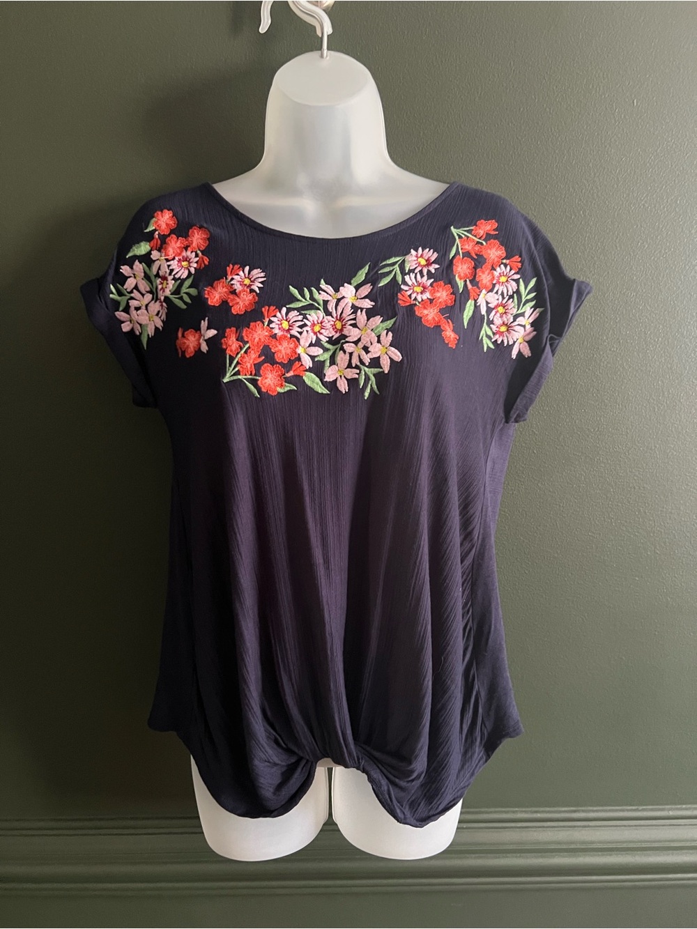 W5 Navy Floral Embroidered Short Sleeve Top